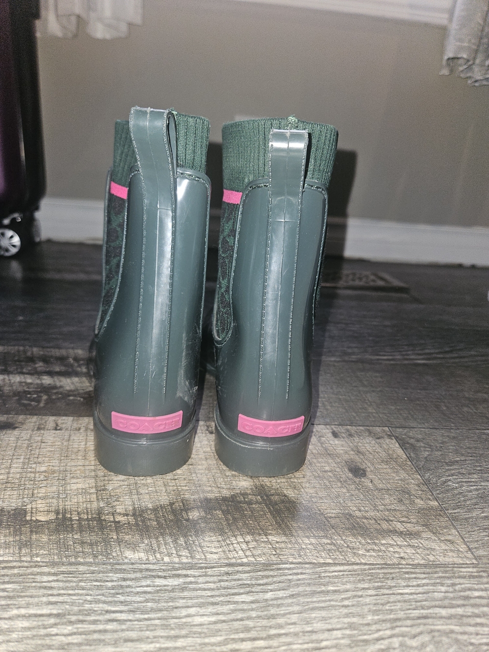 Dark Green Ankle Rain Boots with Pink Accent - Picture 2 of 5